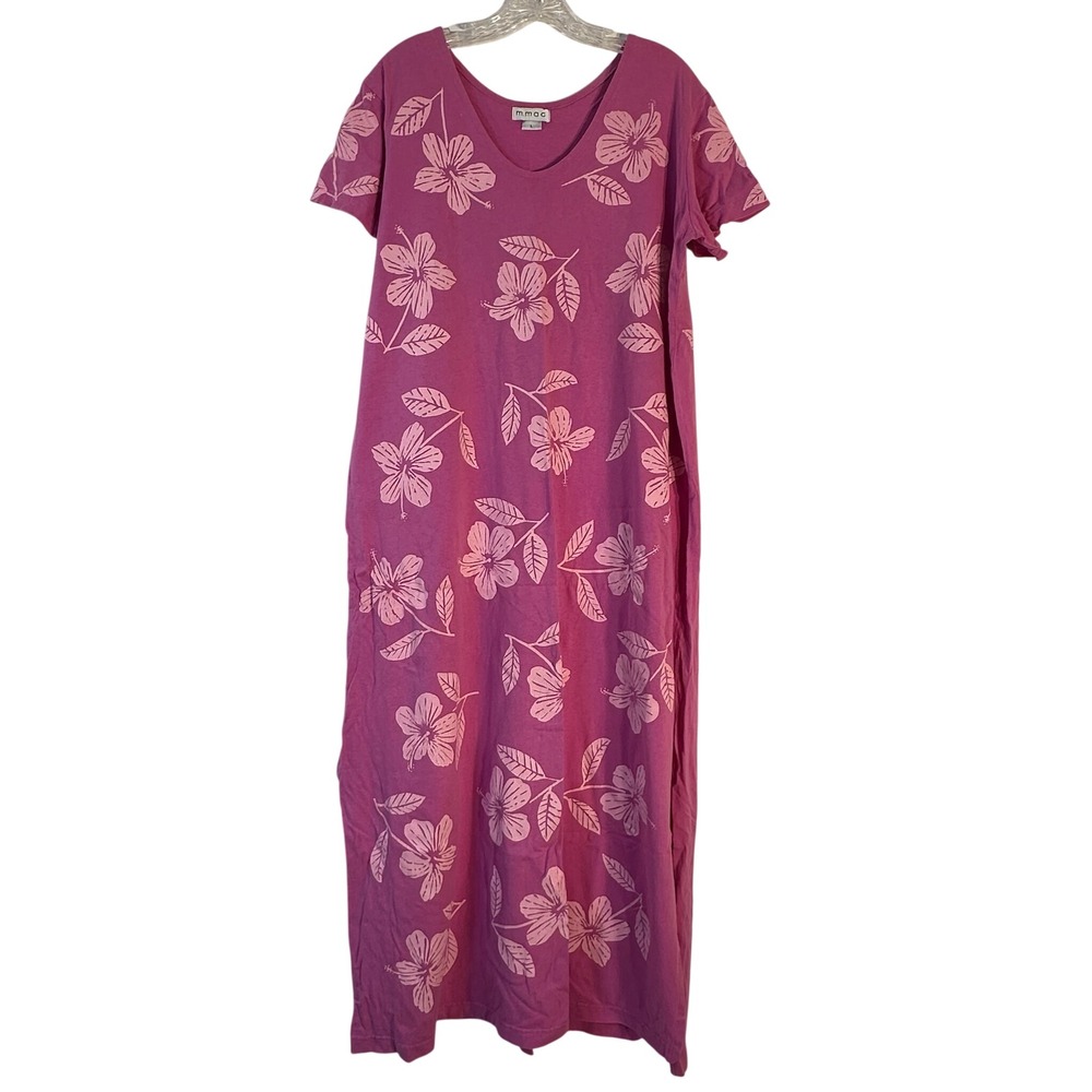 M.Mac Pink Hibiscus Floral Cotton Maxi Dress Short Sleeve V-Neck Large USA Made